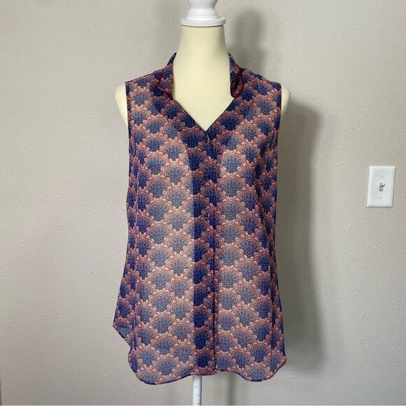 Cabi Burgundy & Blue Sleeveless Sheer Fan Blouse Women's Size Small - Picture 12 of 16
